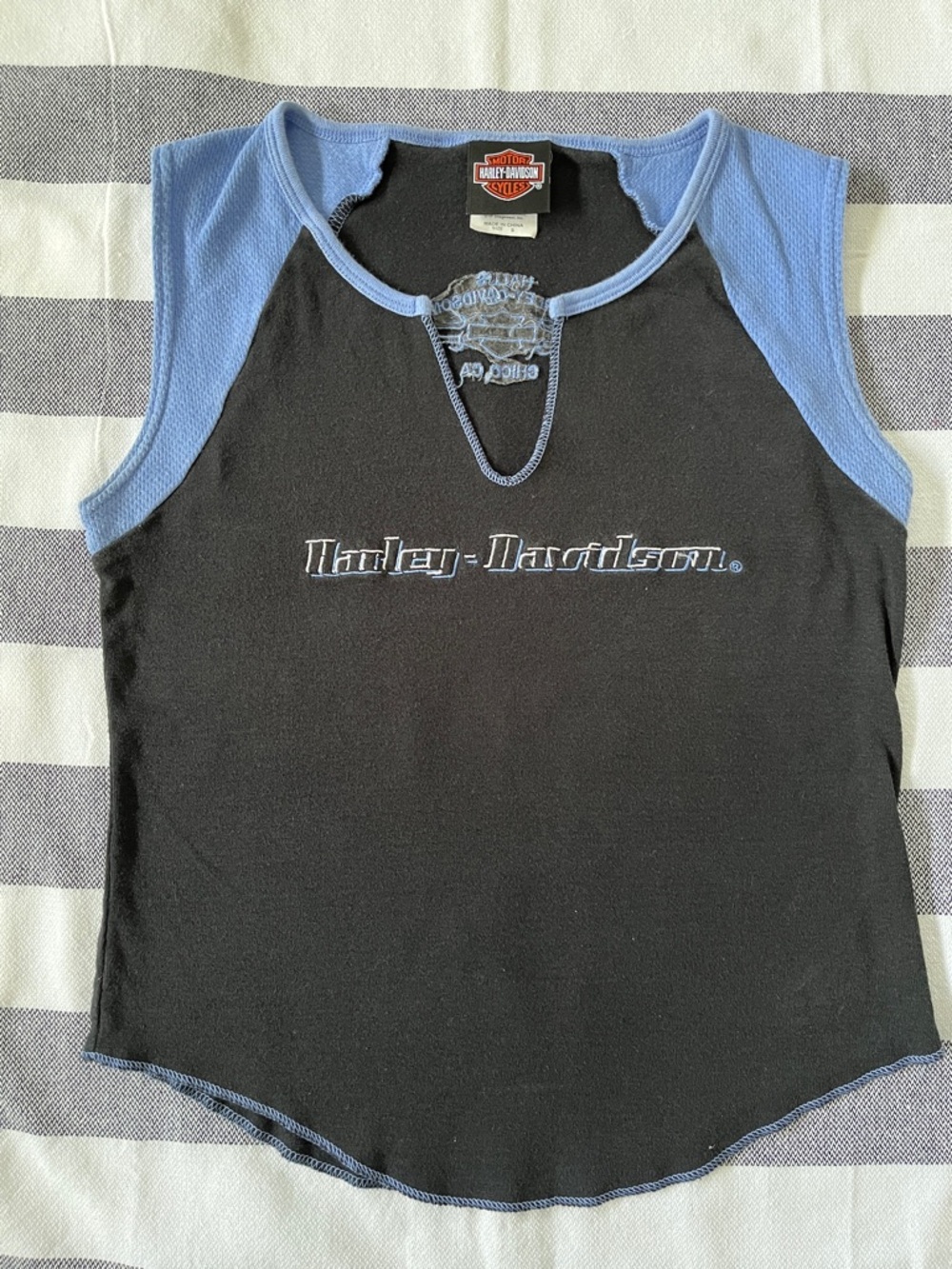 Harley-Davidson Black Tank with Light Blue contrast, cropped